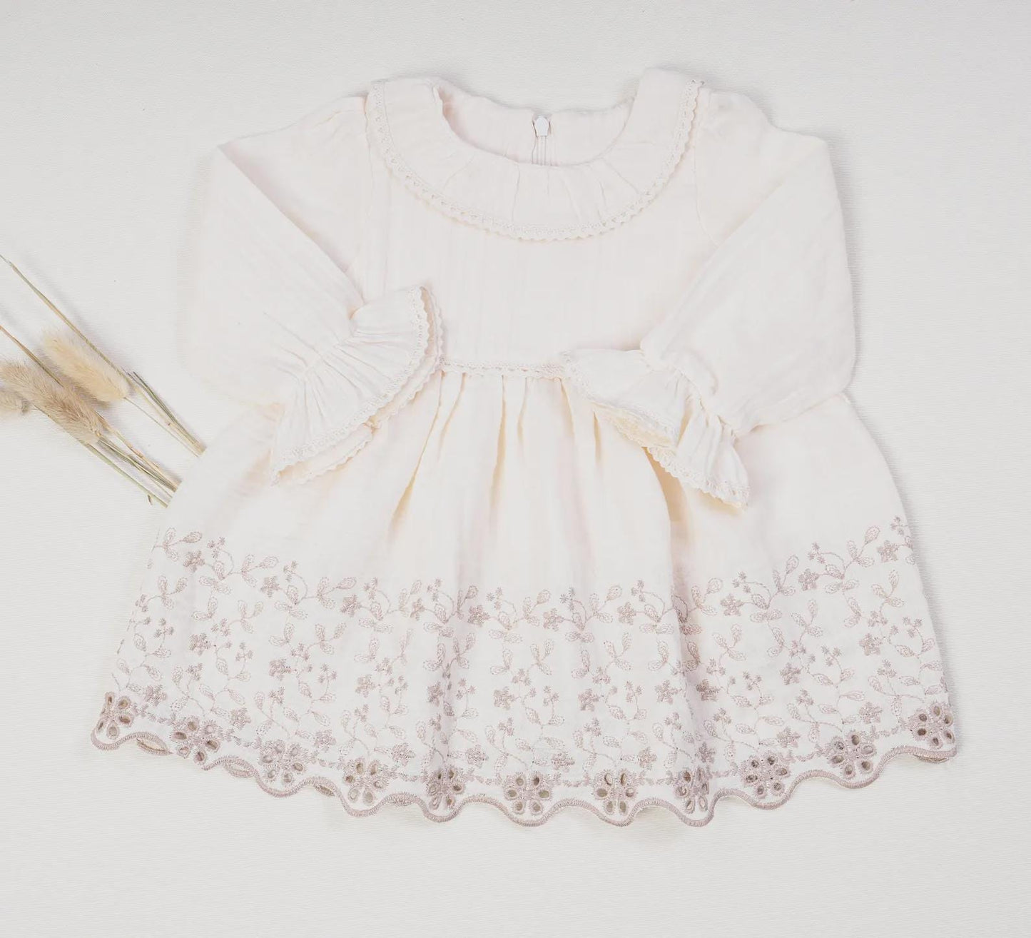 Muslin Baby Dress Set: Floral Embroidery, Cardigan & Tights