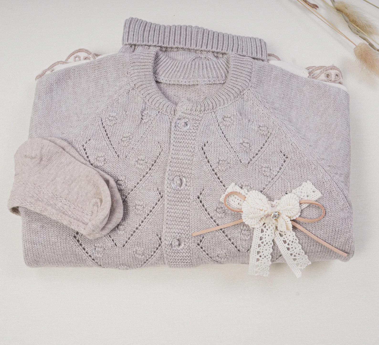 Muslin Baby Dress Set: Floral Embroidery, Cardigan & Tights