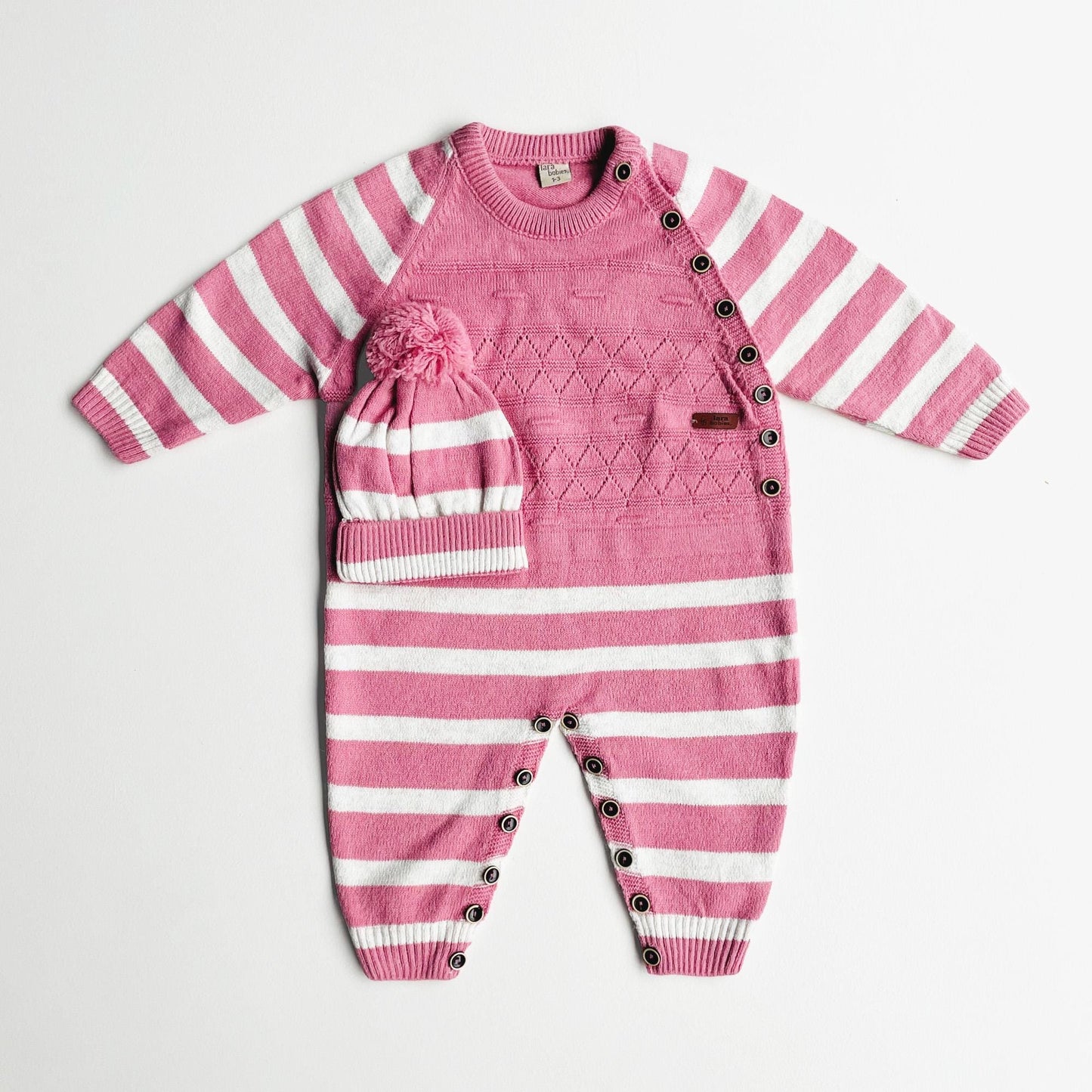 Cotton Knit Baby Jumpsuit with Beanie: Buttoned Outfit PINK