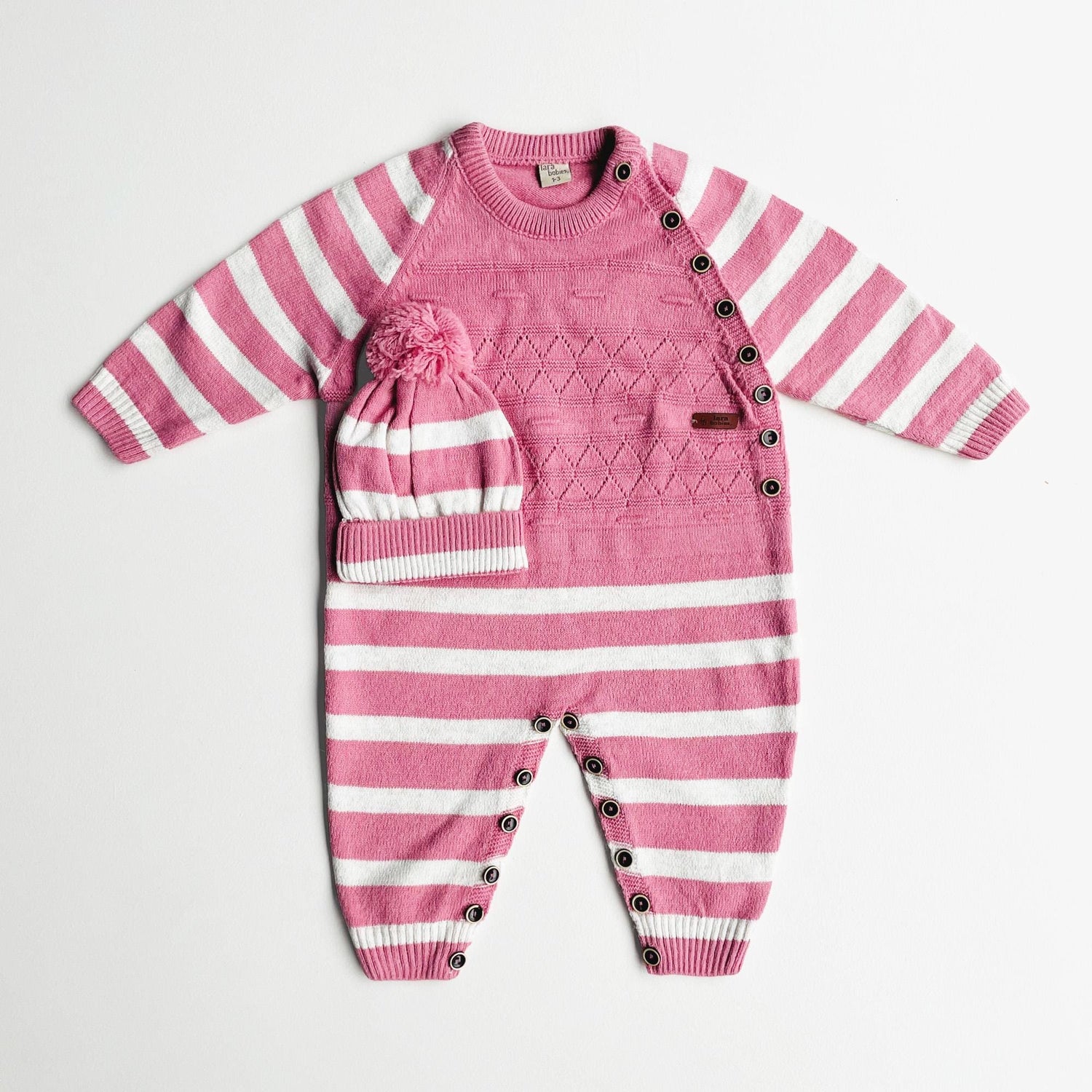 Cotton Knit Baby Jumpsuit with Beanie: Buttoned Outfit PINK