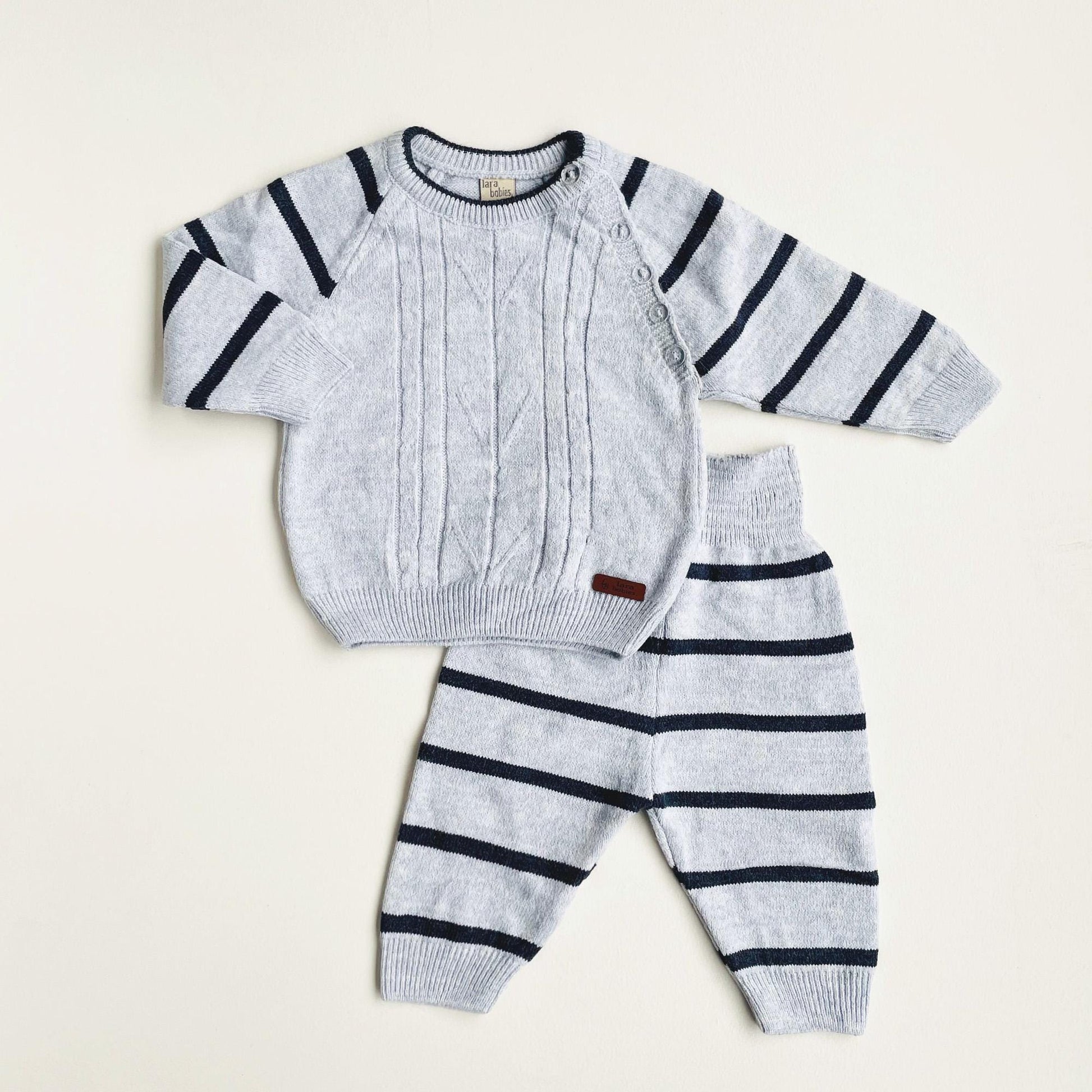Cotton Baby Knit Set: Striped Sweater & Joggers Blue