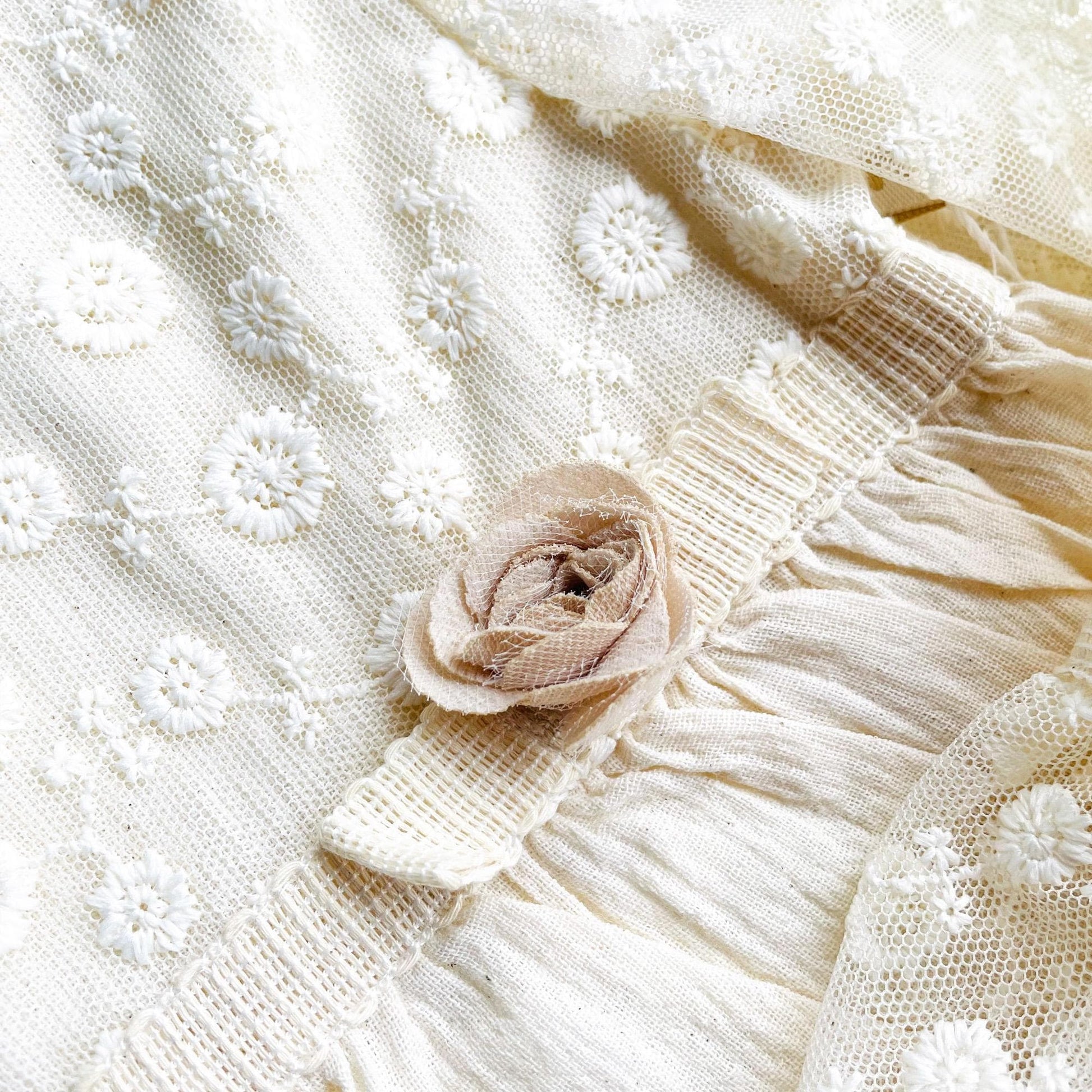 Natural Muslin Cotton Dress for Girls with Floral Lace Detail and Long Sleeve Cream