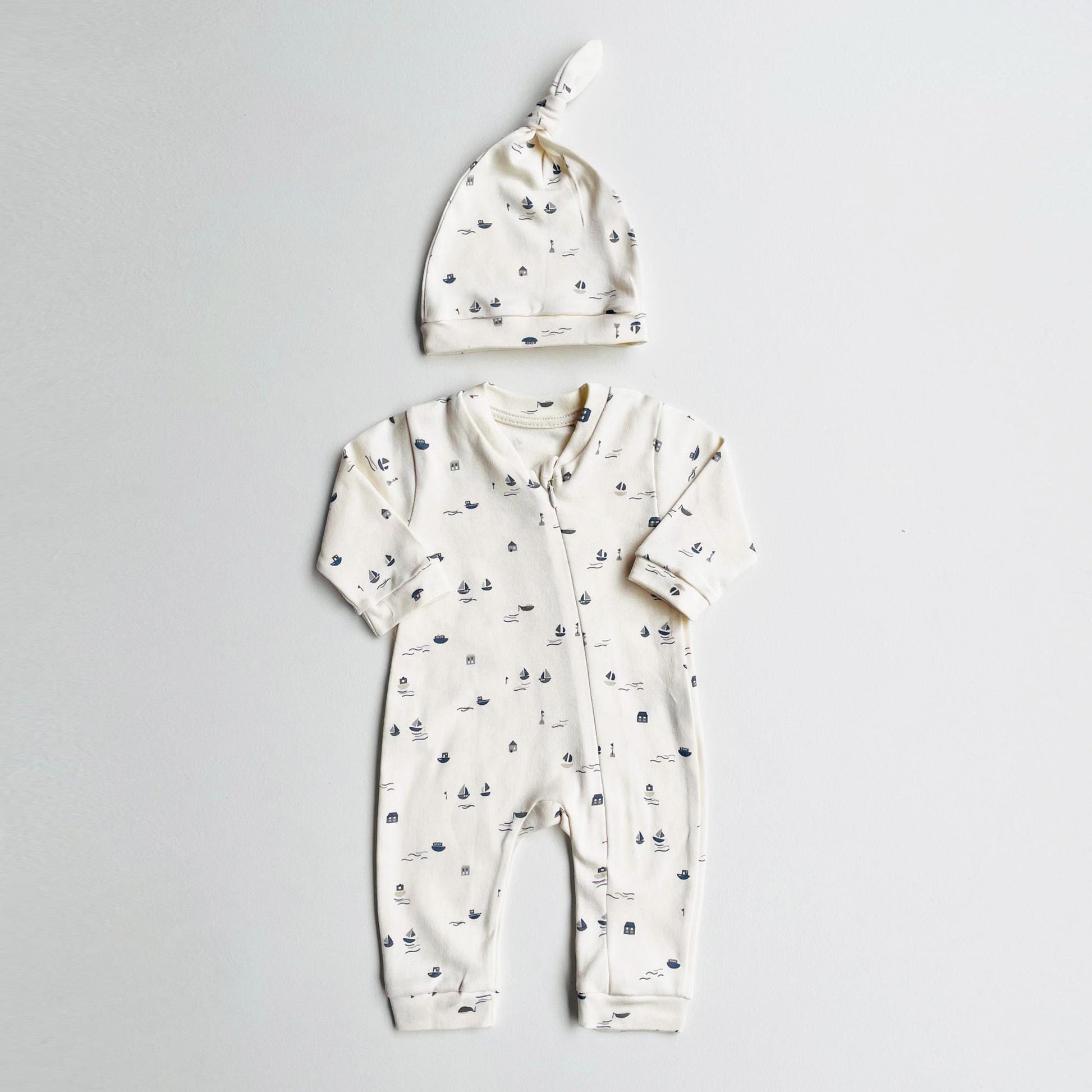 Baby Romper "Boats" Organic Cotton Off white Cream baby Nautical Themed set