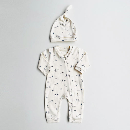 Baby Romper "Boats" Organic Cotton Off white Cream baby Nautical Themed set