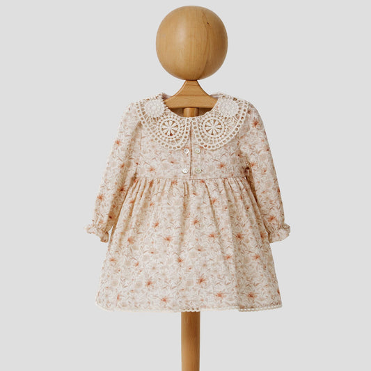 Floral Muslin Cotton Dress for Girls Natural Lace Collar Design Beige