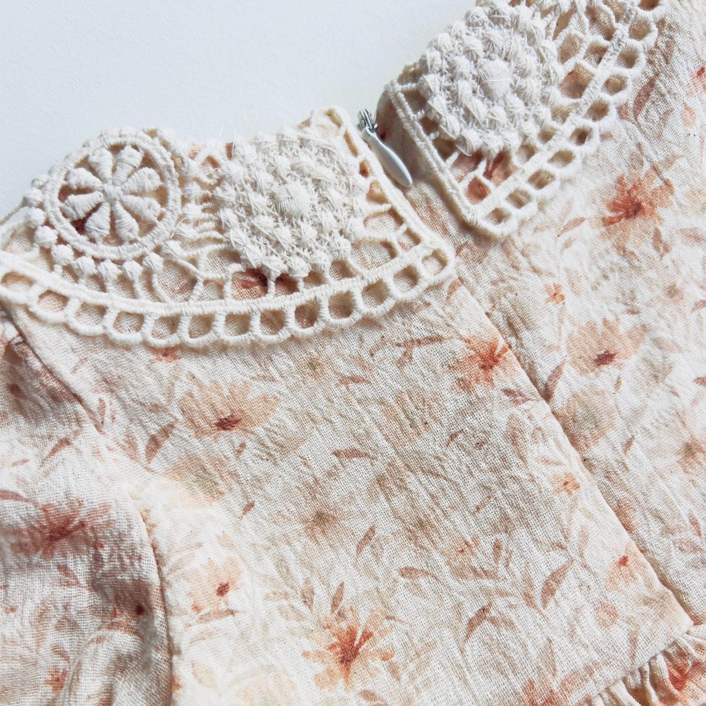 Floral Muslin Cotton Dress for Girls Natural Lace Collar Design Beige