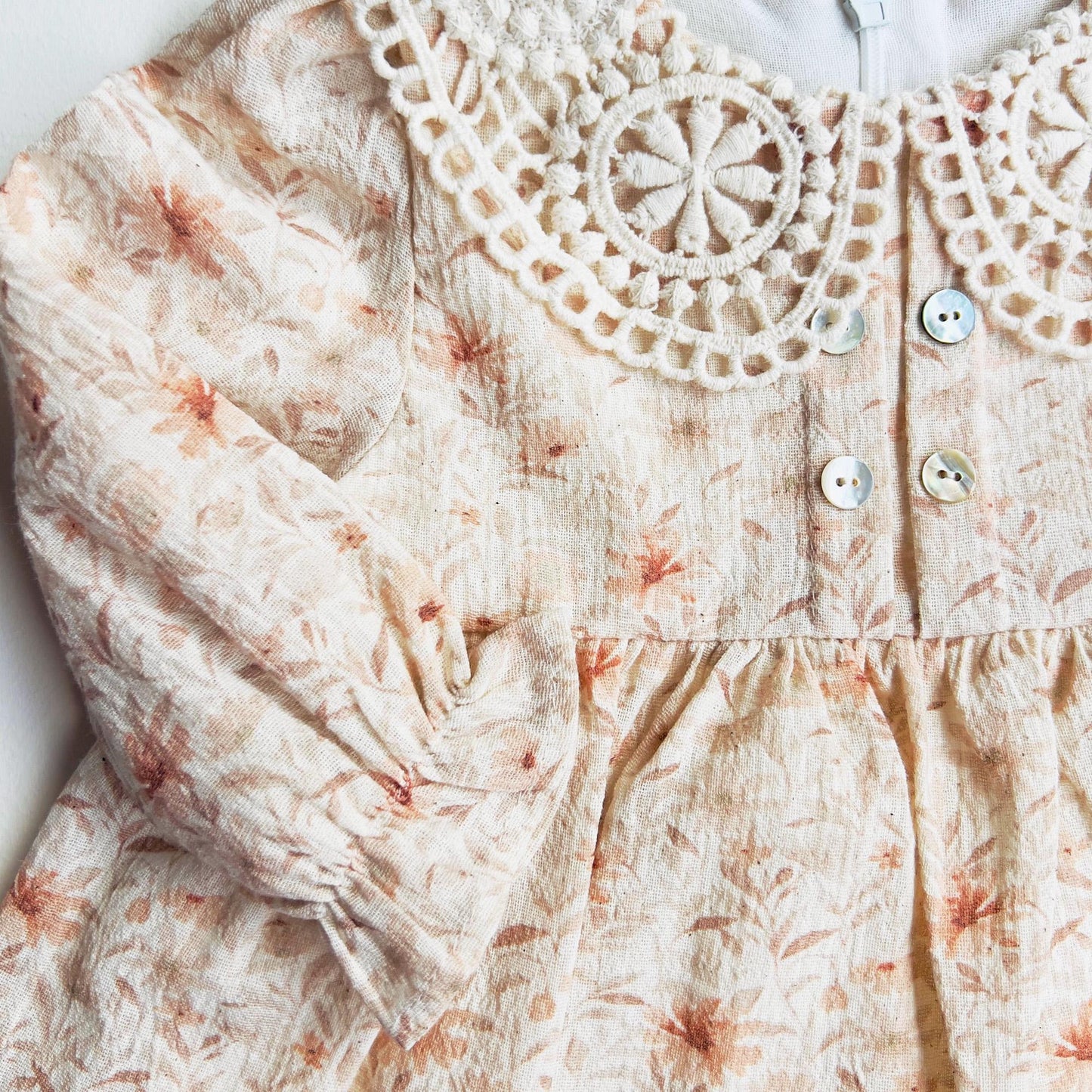 Floral Muslin Cotton Dress for Girls Natural Lace Collar Design Beige