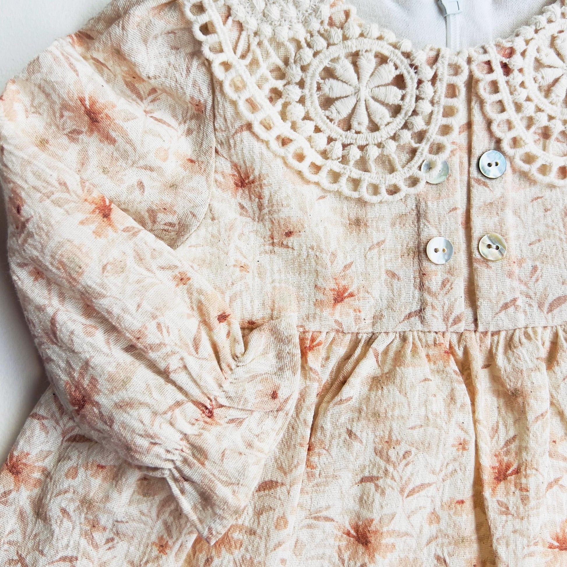Floral Muslin Cotton Dress for Girls Natural Lace Collar Design Beige