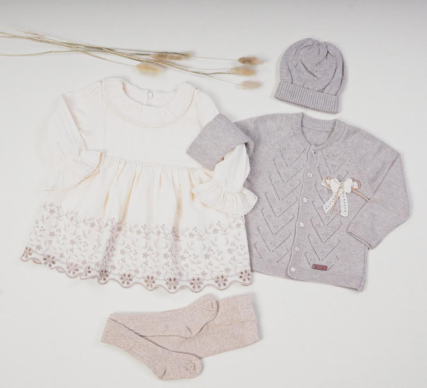 Muslin Baby Dress Set: Floral Embroidery, Cardigan & Tights