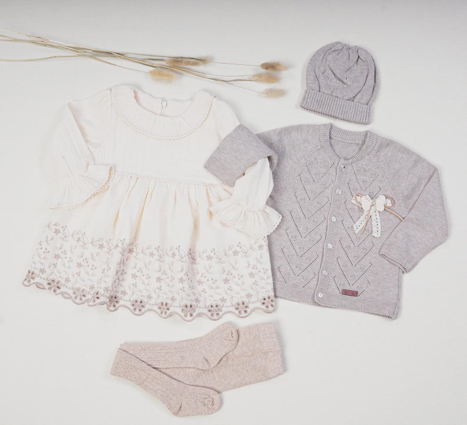 Muslin Baby Dress Set: Floral Embroidery, Cardigan & Tights