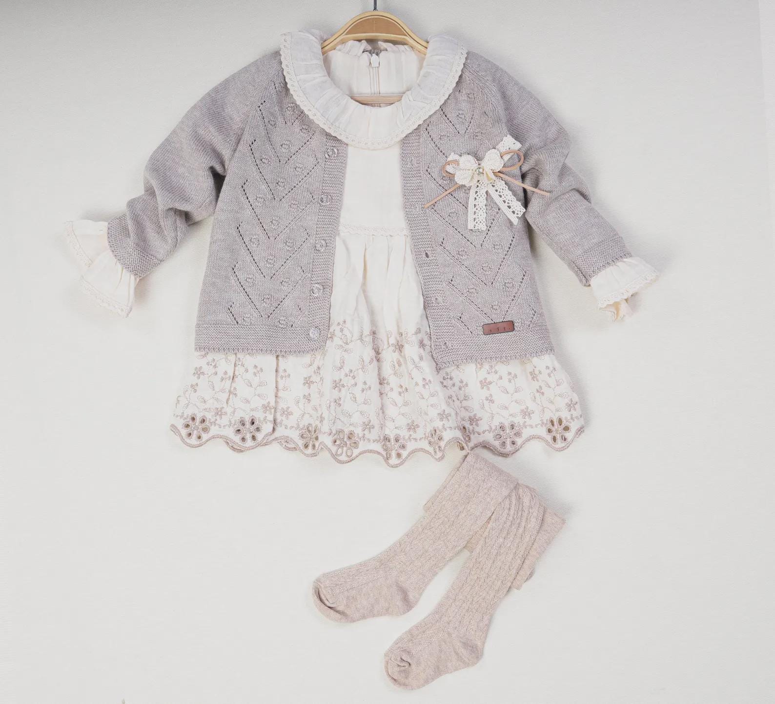 Muslin Baby Dress Set: Floral Embroidery, Cardigan & Tights