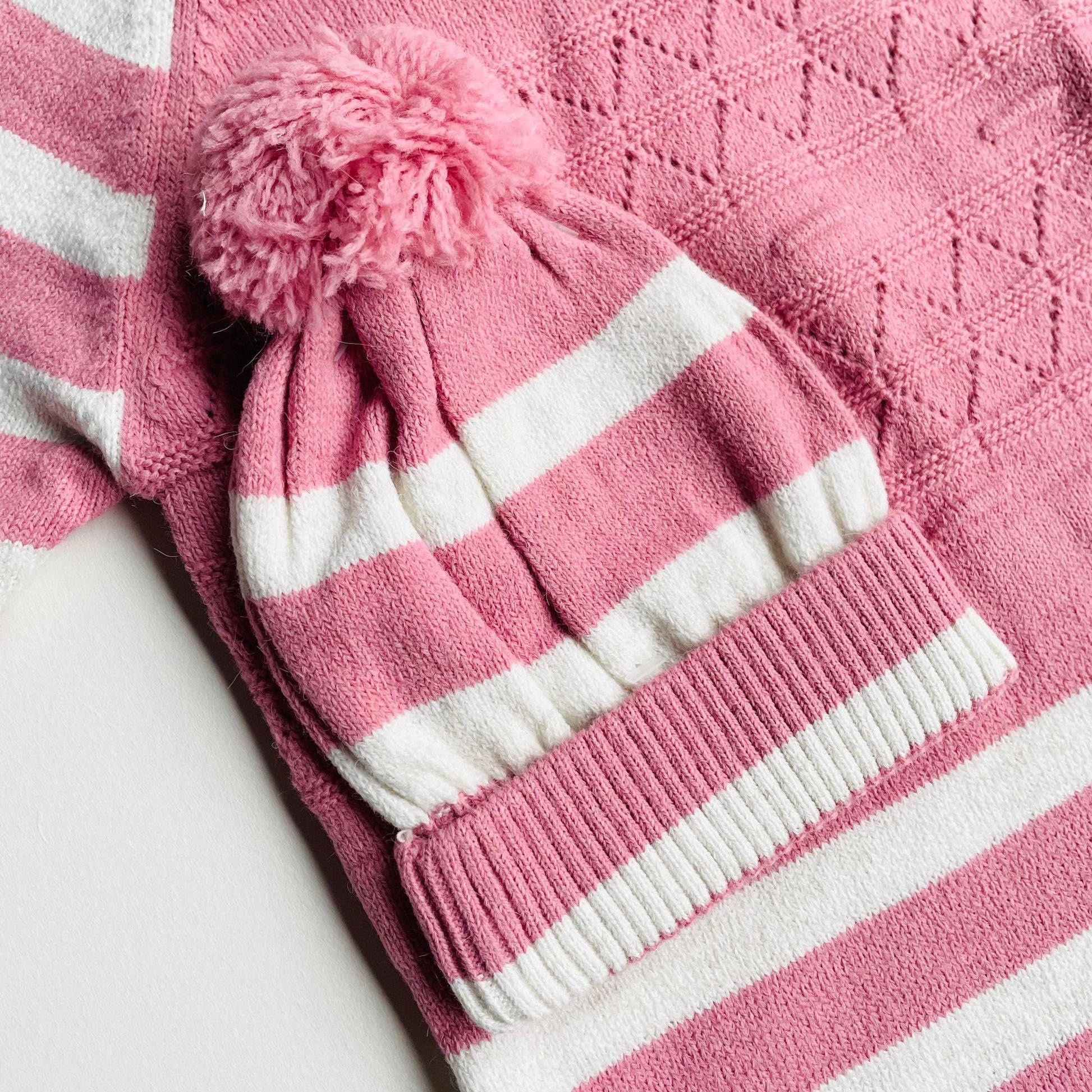 Cotton Knit Baby Jumpsuit with Beanie: Buttoned Outfit PINK
