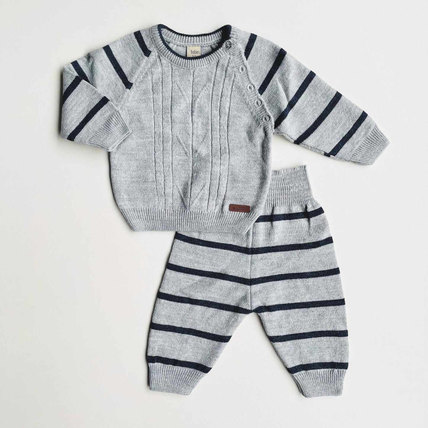 Cotton Baby Knit Set: Striped Sweater & Joggers Cream grey