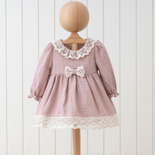 Pink White Natural Muslin Cotton Dress for Girls with Lace Design and Bow