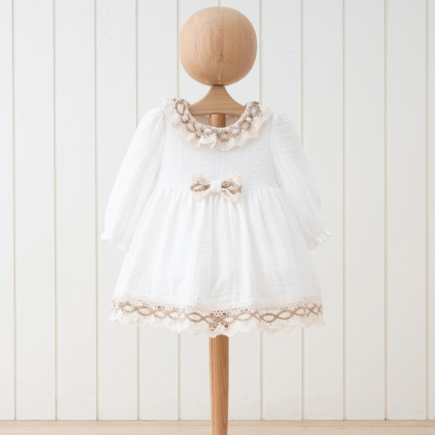 Pink White Natural Muslin Cotton Dress for Girls with Lace Design and Bow