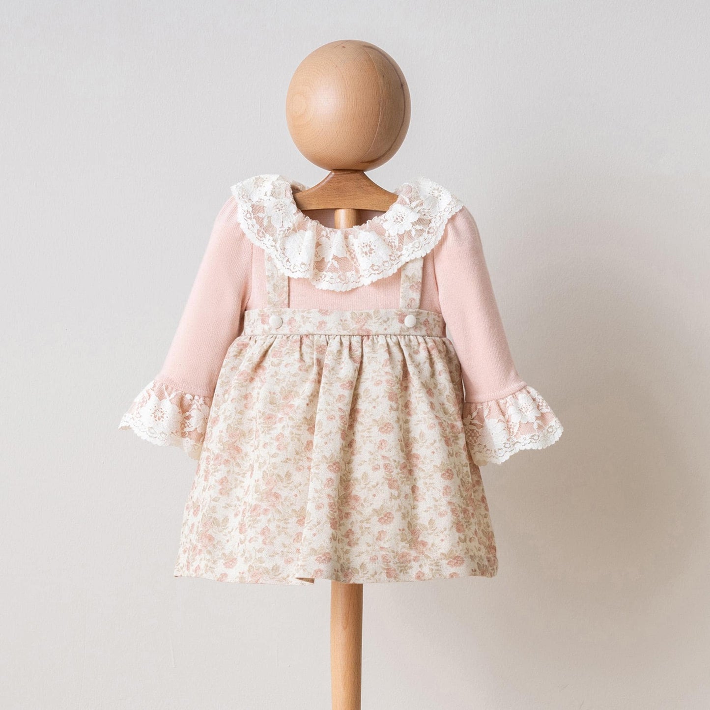 Pink Beige Floral Vintage Style Natural Cotton Dress for Girls with Lace