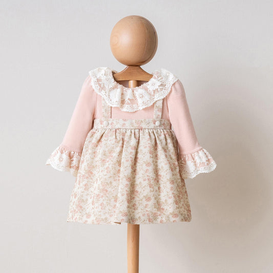 Pink Beige Floral Vintage Style Natural Cotton Dress for Girls with Lace