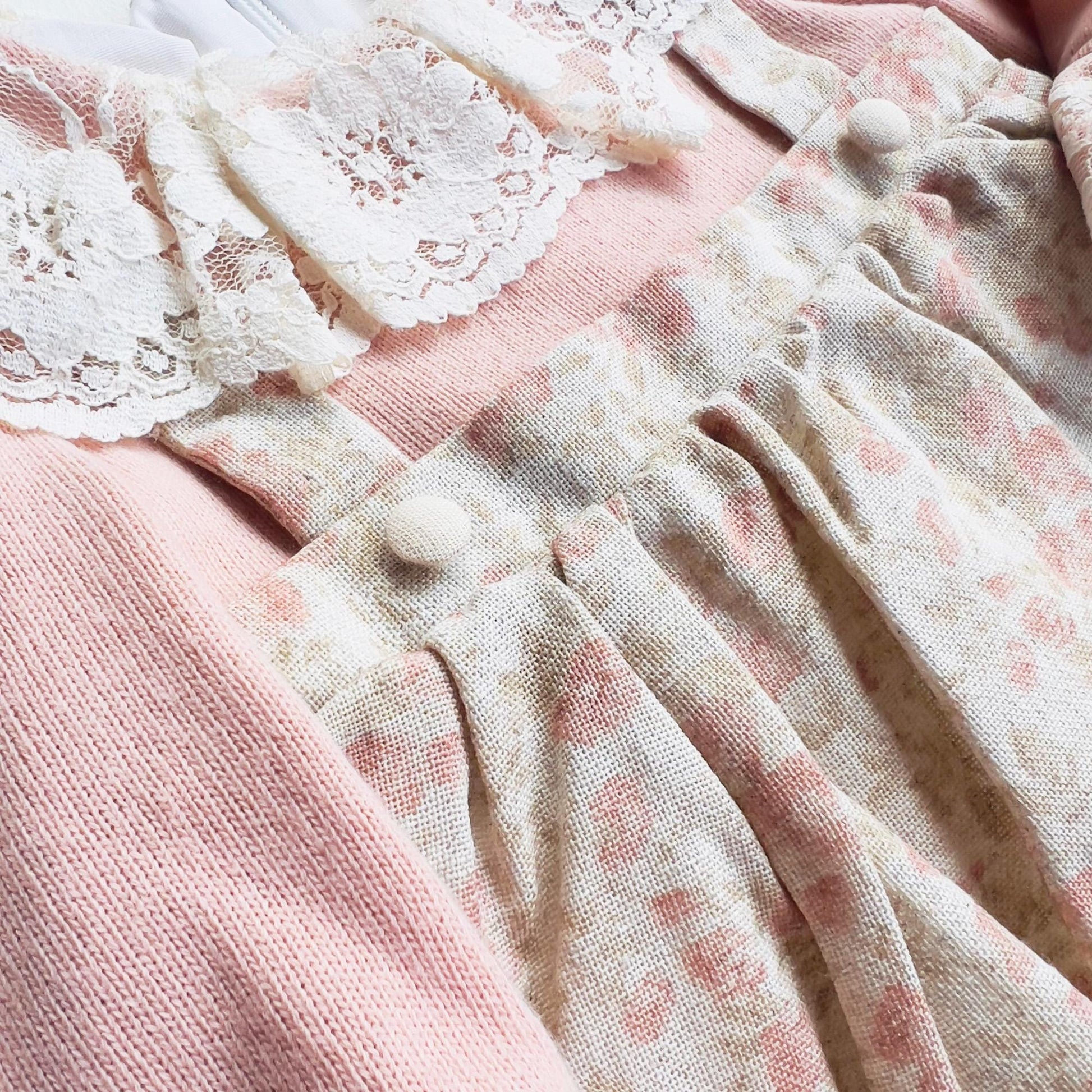 Pink Beige Floral Vintage Style Natural Cotton Dress for Girls with Lace