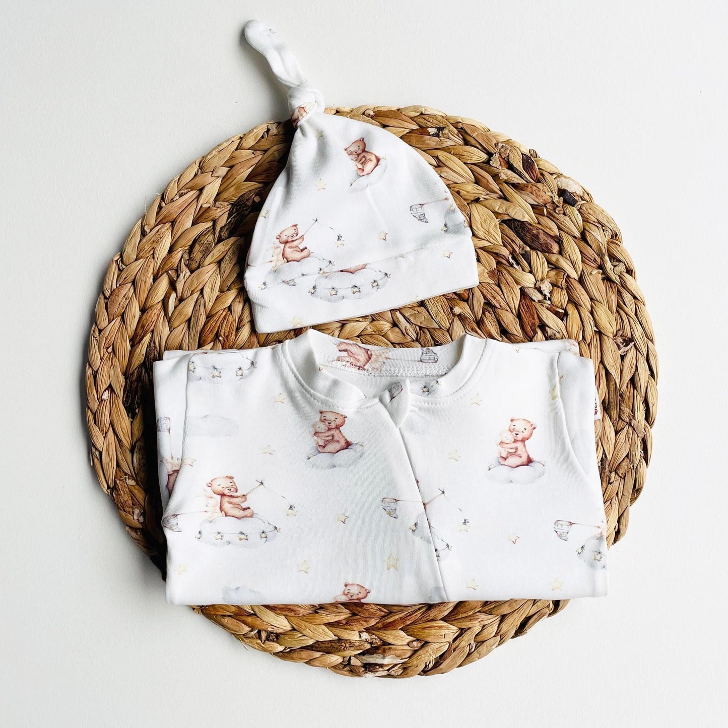 Baby Romper "Sleepy Bear" Organic Cotton One Piece set with Hat