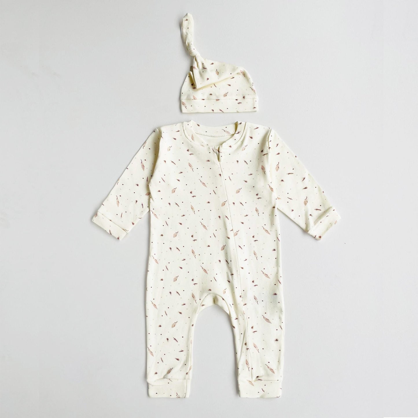 Baby Romper "Feather" Organic Cotton Cream One Piece set with Hat