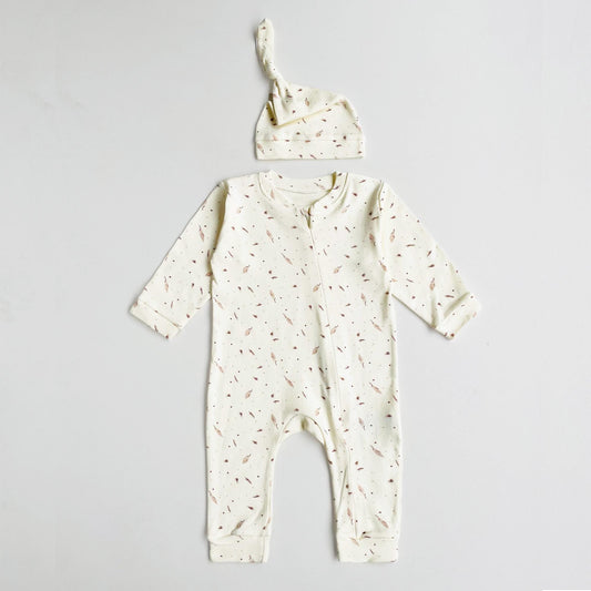 Baby Romper "Feather" Organic Cotton Cream One Piece set with Hat