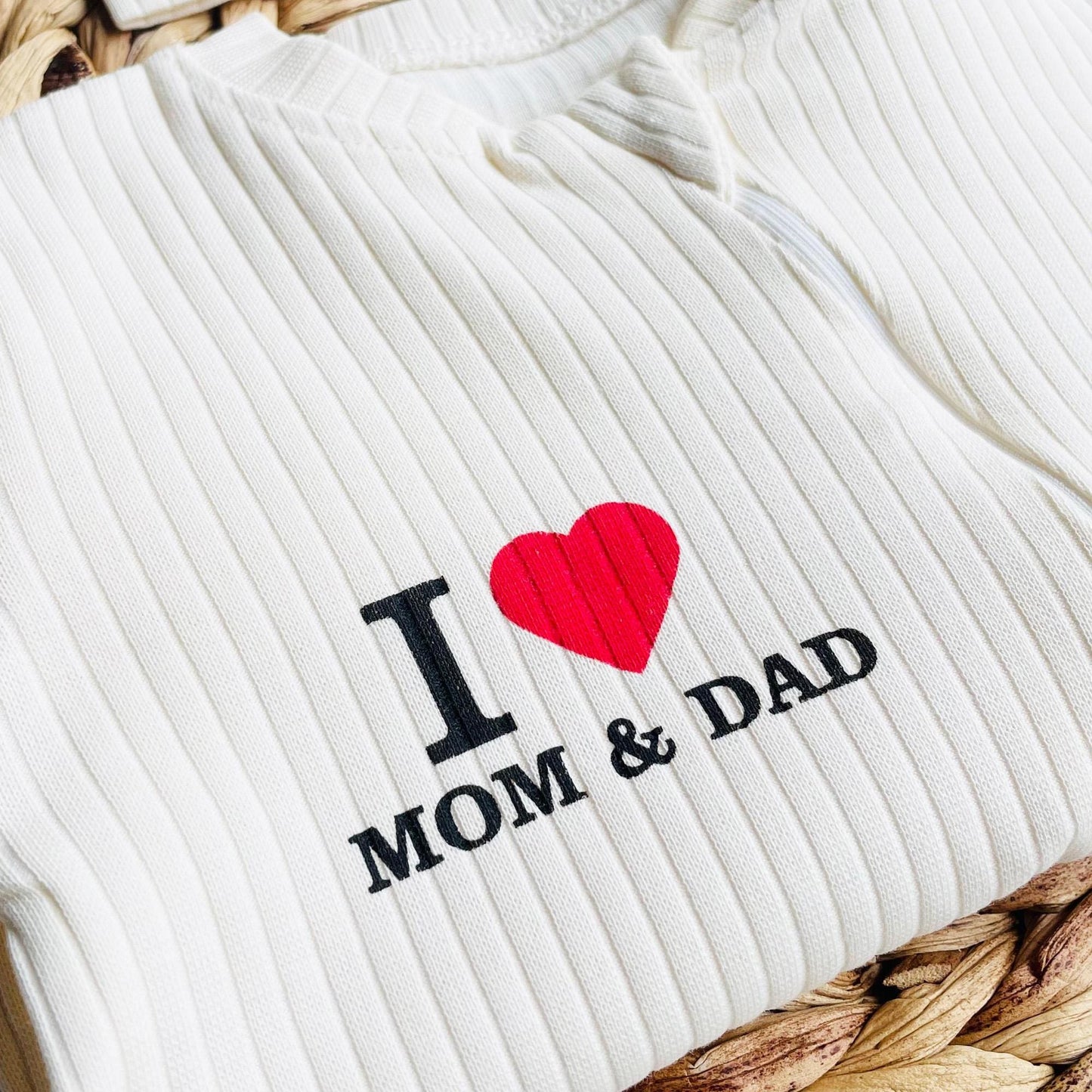 Baby Romper "I love Mom & Dad" Organic Cotton Cream One Piece set with Hat