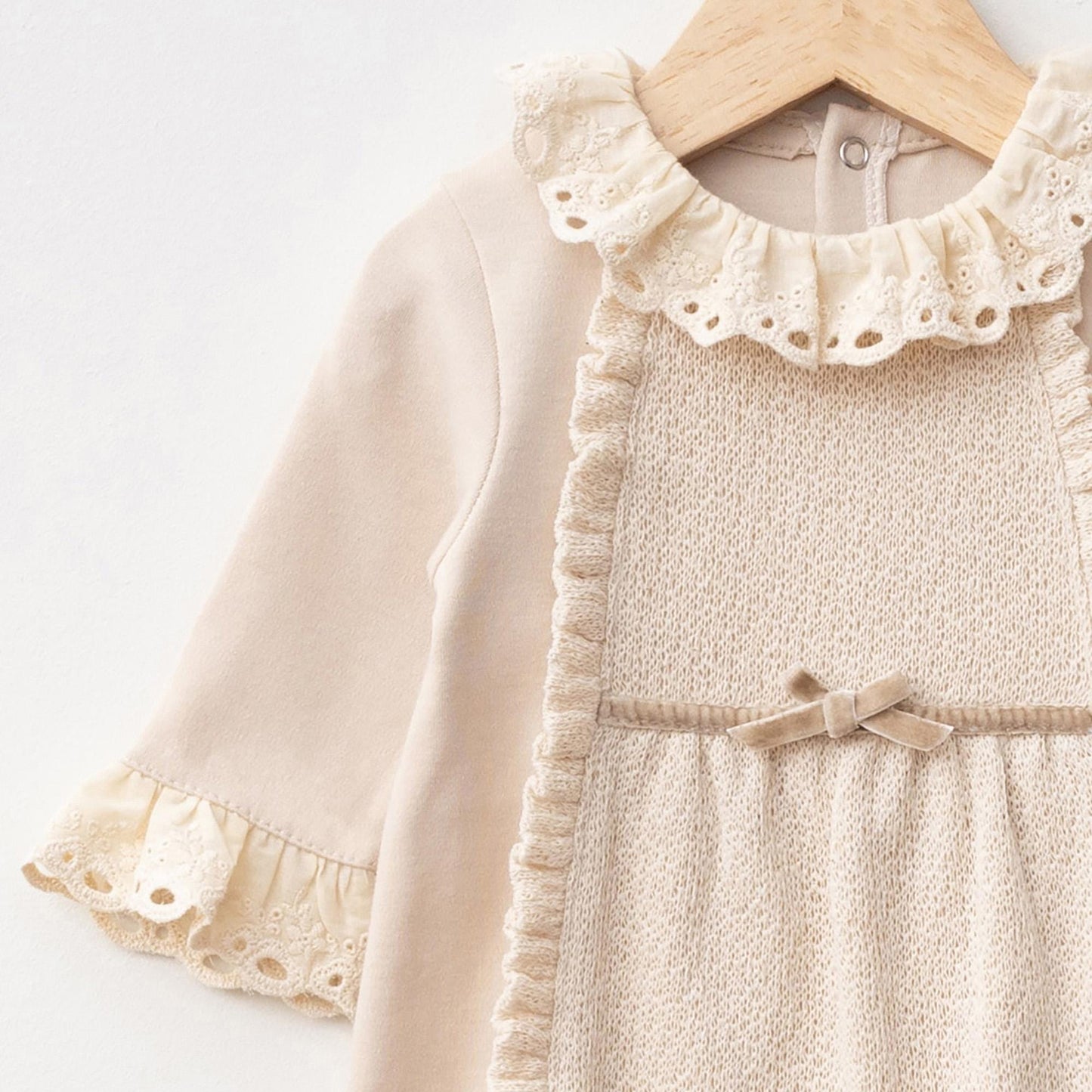 Cream Cotton Baby Girl One Piece Outfit: Cotton Lace Detail Top & Romper Footie