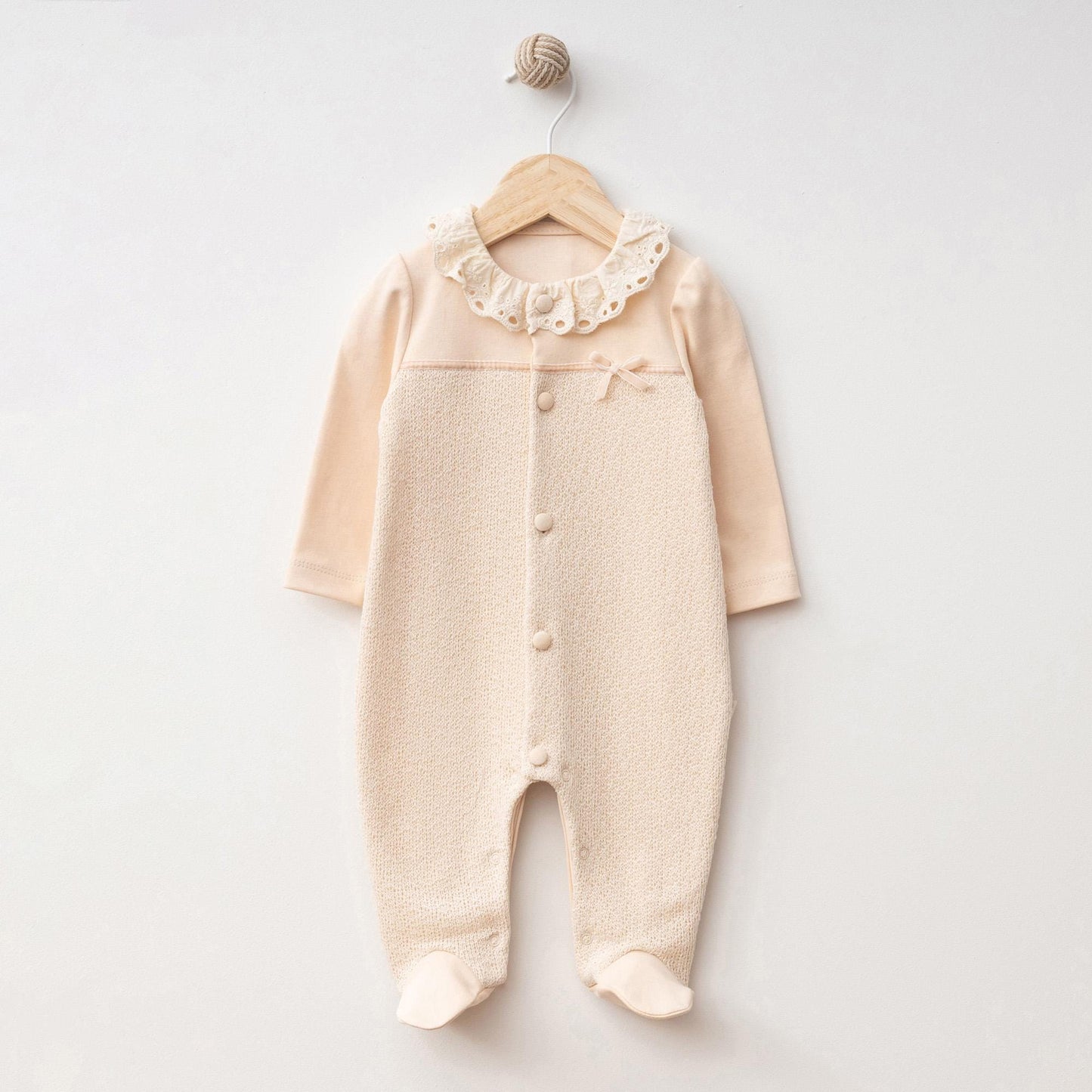 Cream Cotton Baby Girl One Piece Outfit: Cotton Lace Detail Button Down Romper Footie