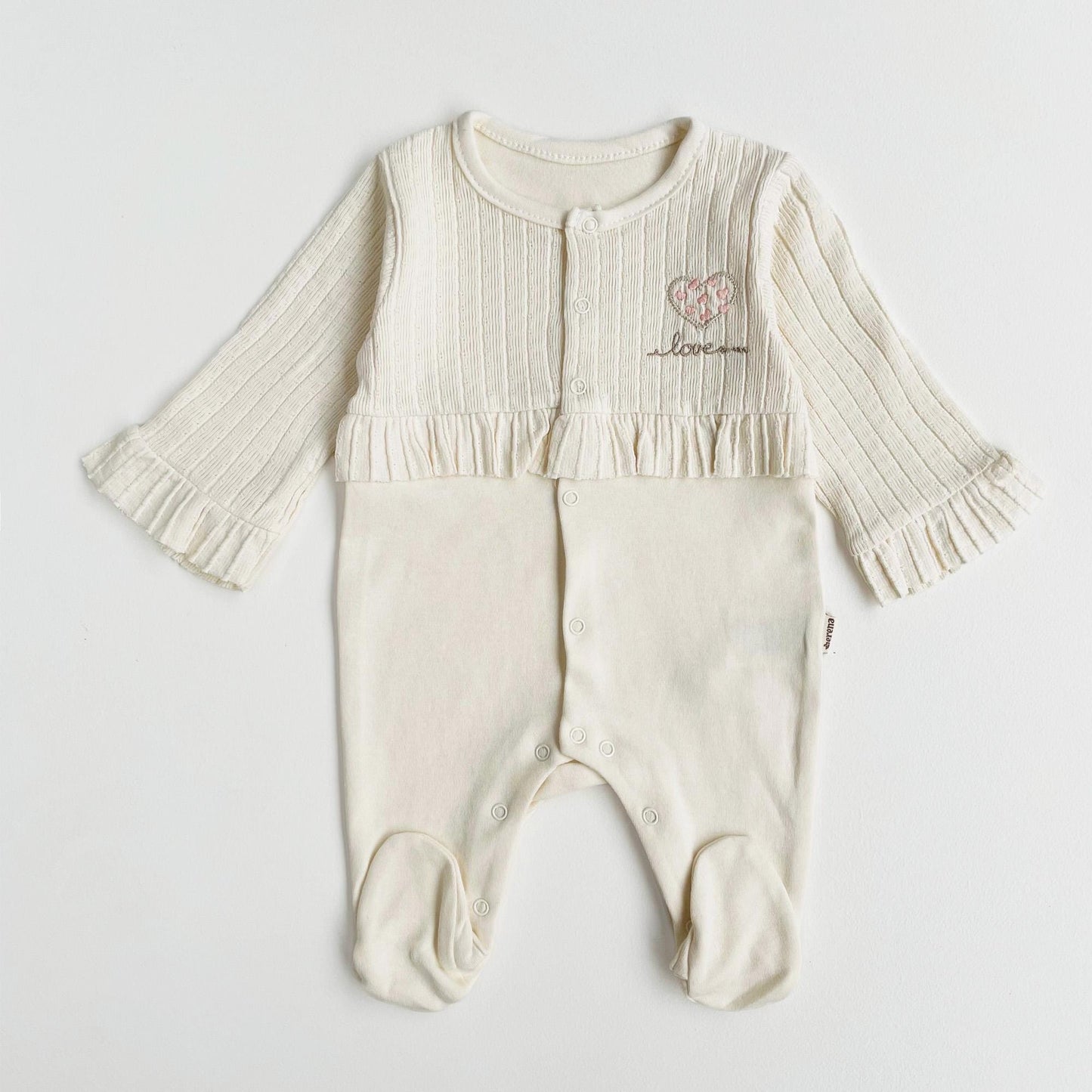 Cream Cotton Baby Girl One Piece Outfit: Button Down heart Embroidery Detail Footie