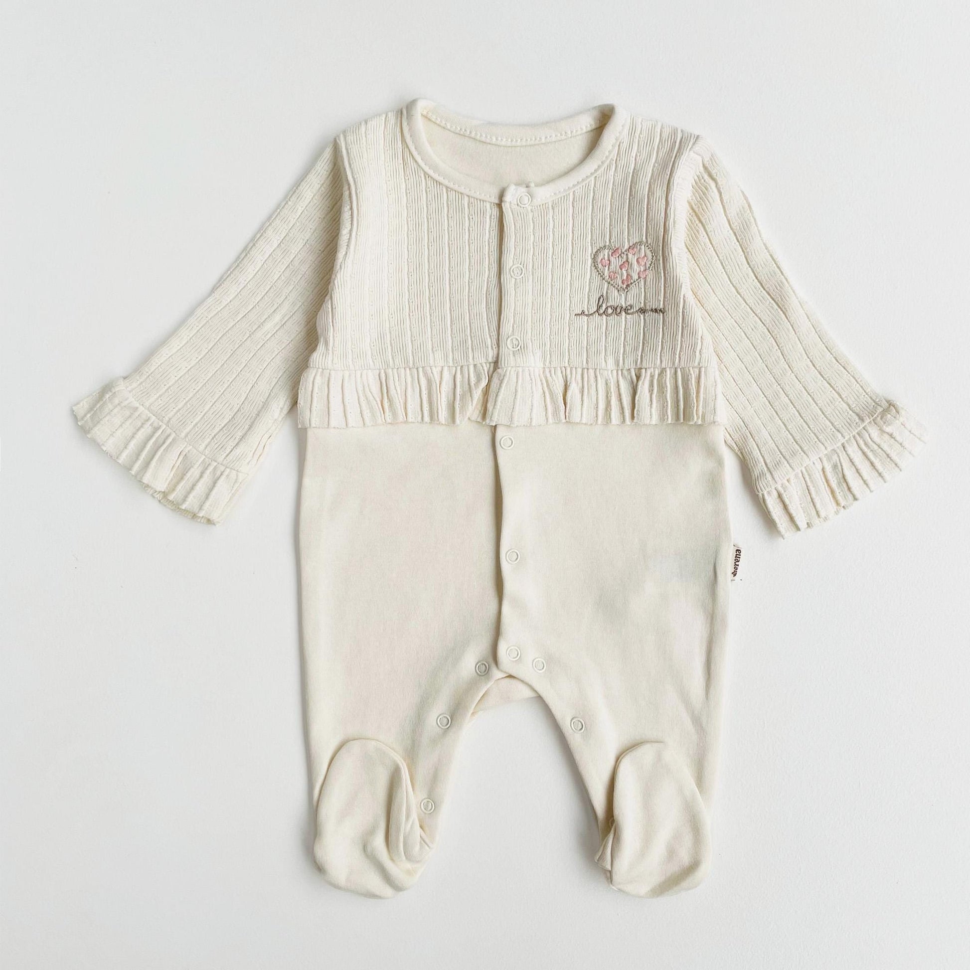 Cream Cotton Baby Girl One Piece Outfit: Button Down heart Embroidery Detail Footie