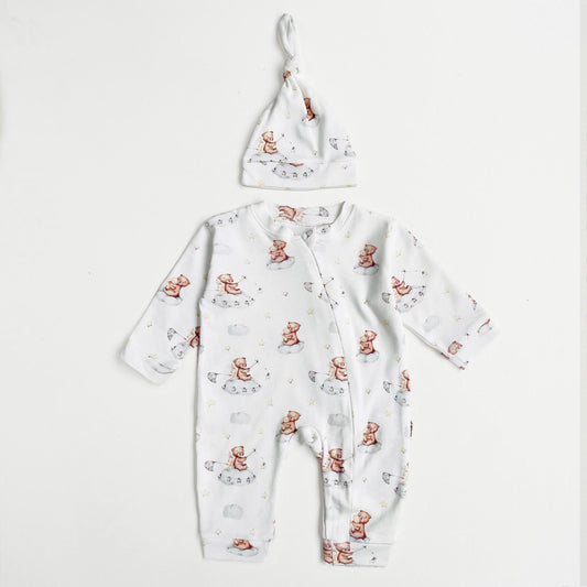 Baby Romper "Sleepy Bear" Organic Cotton One Piece set with Hat