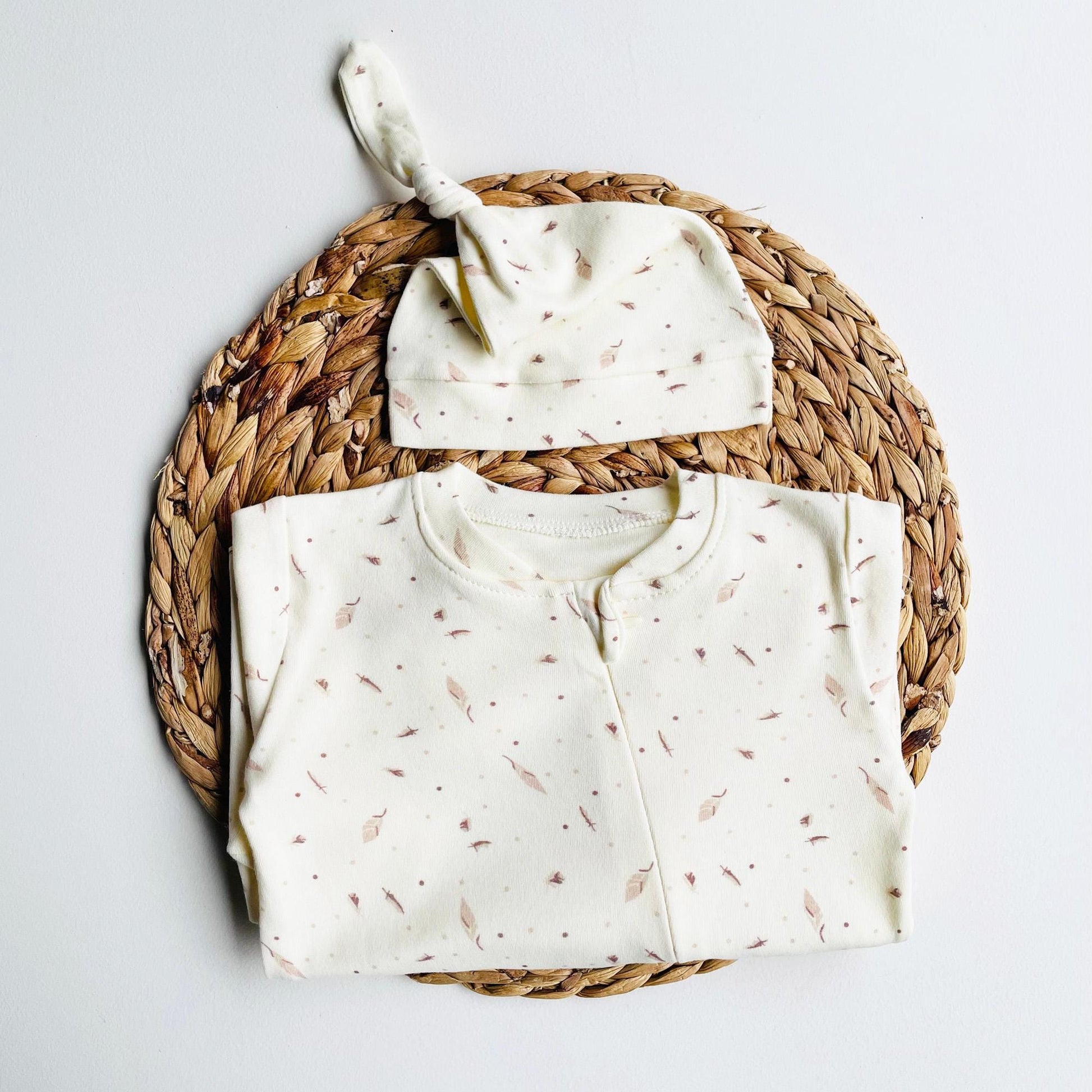 Baby Romper "Feather" Organic Cotton Cream One Piece set with Hat