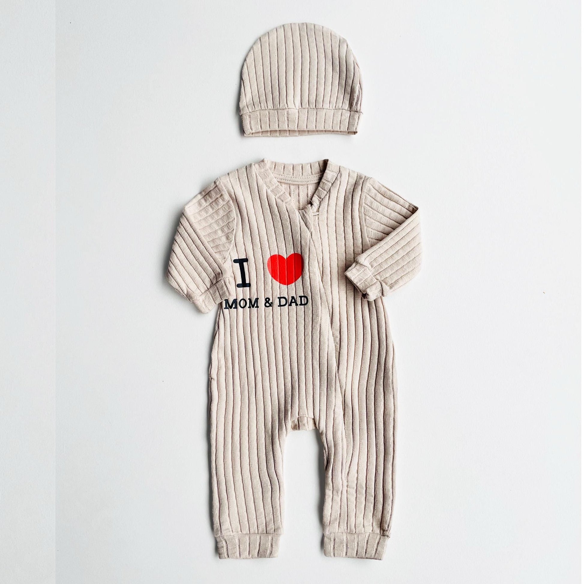 Baby Romper "I love Mom & Dad" Organic Cotton Beige One Piece set with Hat
