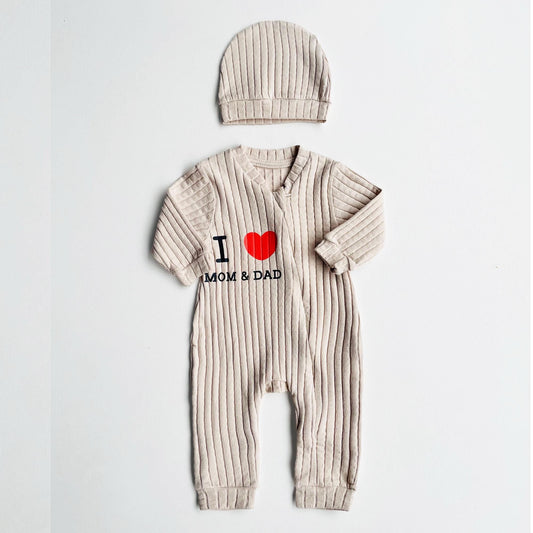 Baby Romper "I love Mom & Dad" Organic Cotton Beige One Piece set with Hat