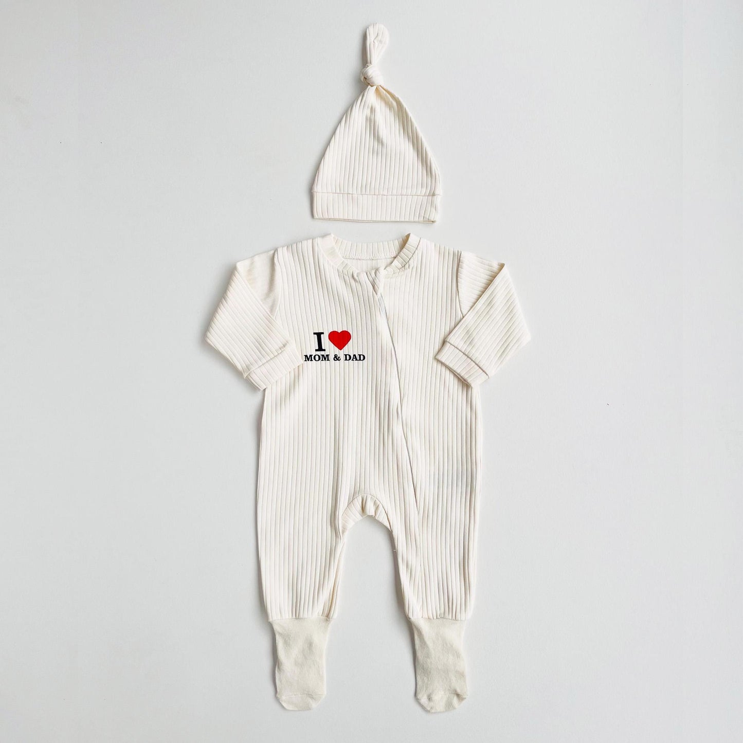 Baby Romper "I love Mom & Dad" Organic Cotton Cream One Piece set with Hat