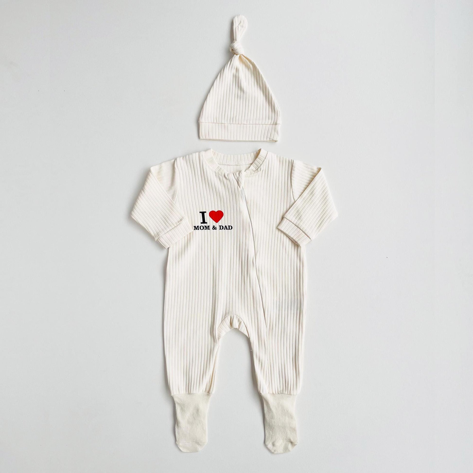 Baby Romper "I love Mom & Dad" Organic Cotton Cream One Piece set with Hat