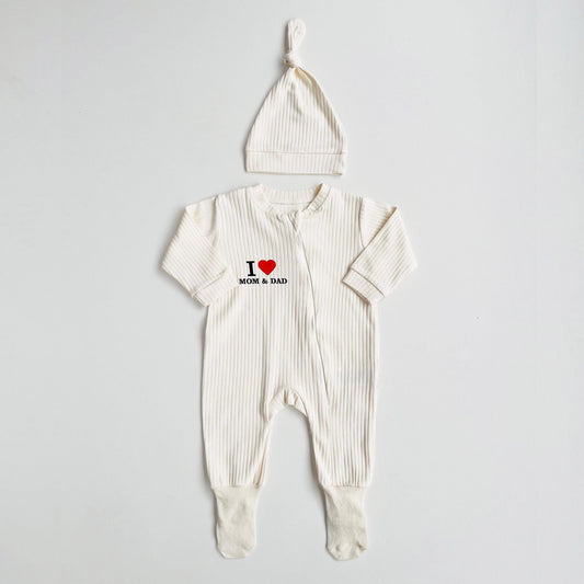 Baby Romper "I love Mom & Dad" Organic Cotton Cream One Piece set with Hat
