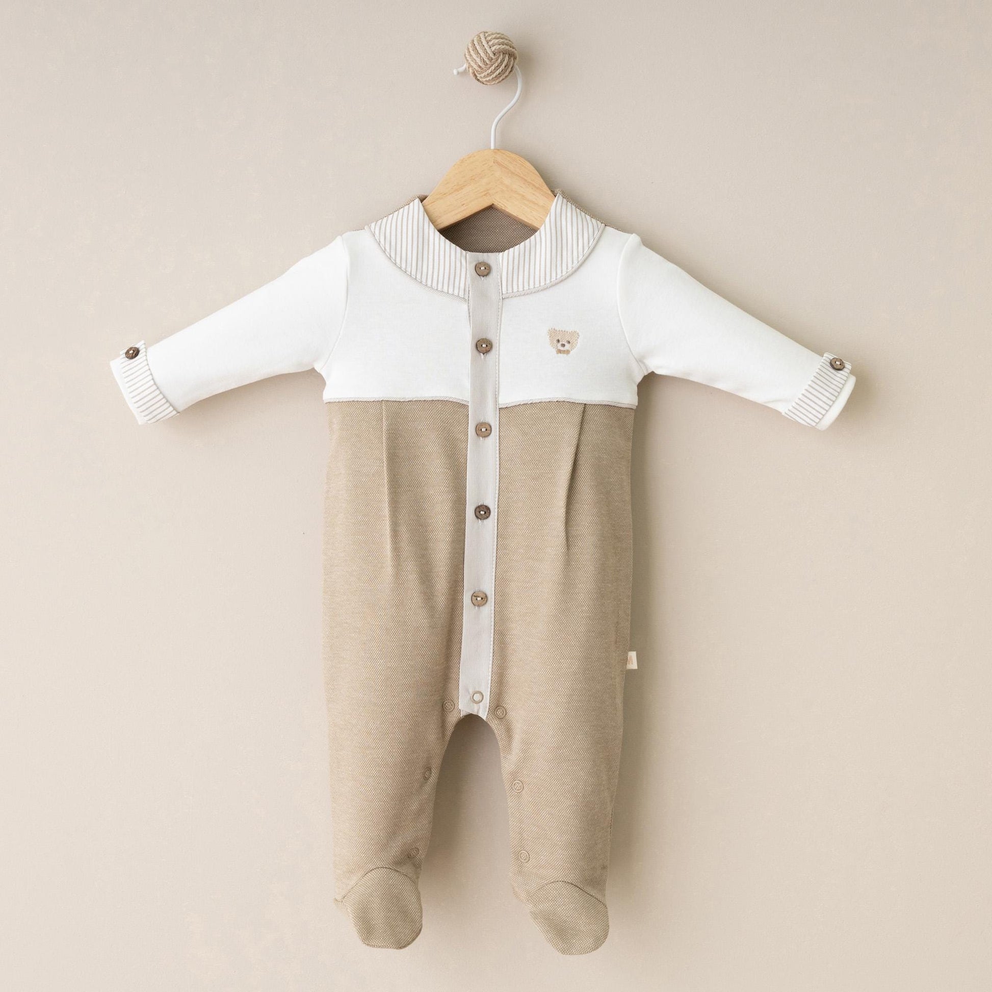 Baby Boy One Piece Cotton Outfit with Bear Beige White