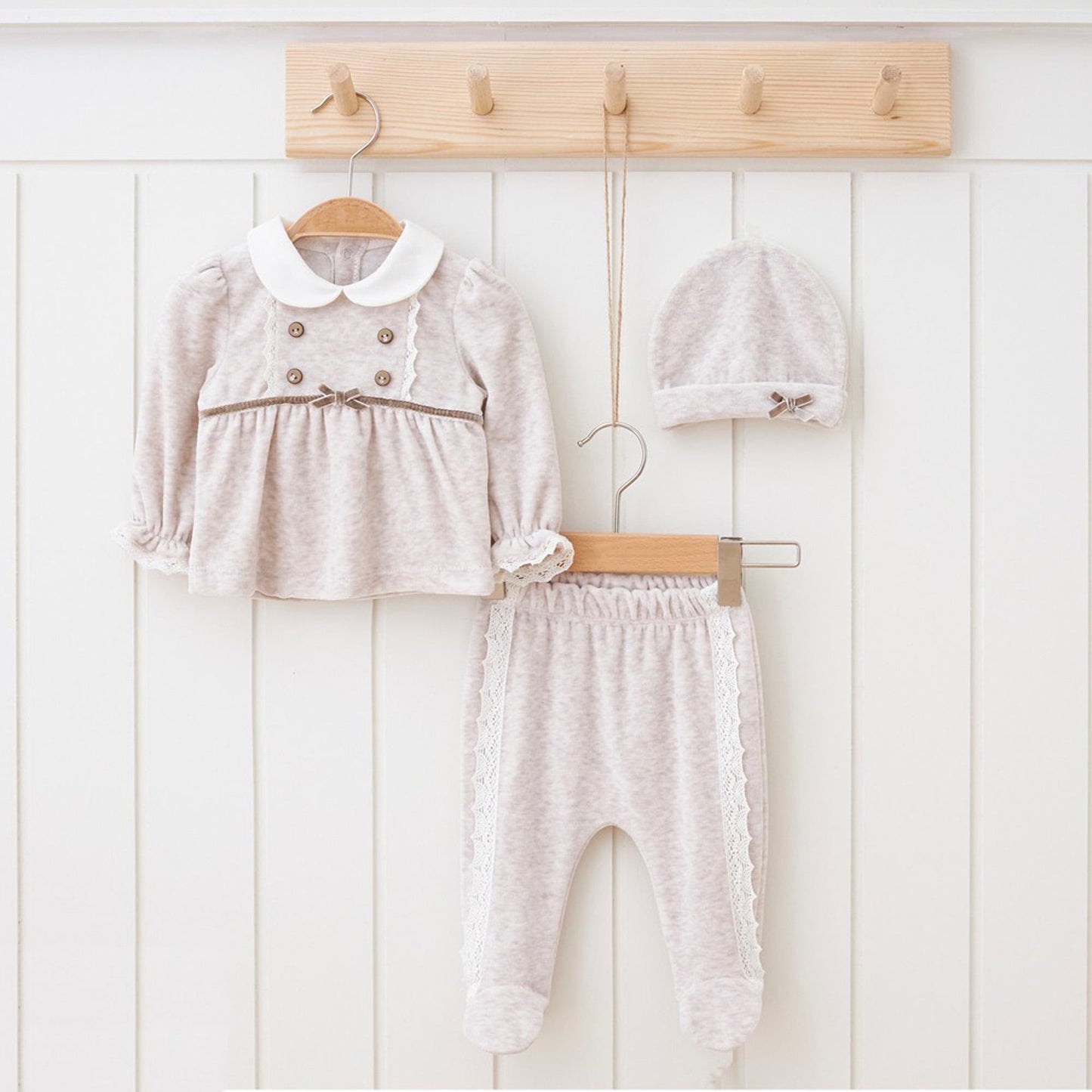 Beige White Cotton Baby Outfit: Homecoming Newborn Velvet Set