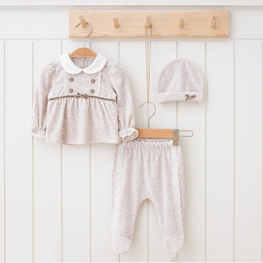Beige White Cotton Baby Outfit: Homecoming Newborn Velvet Set