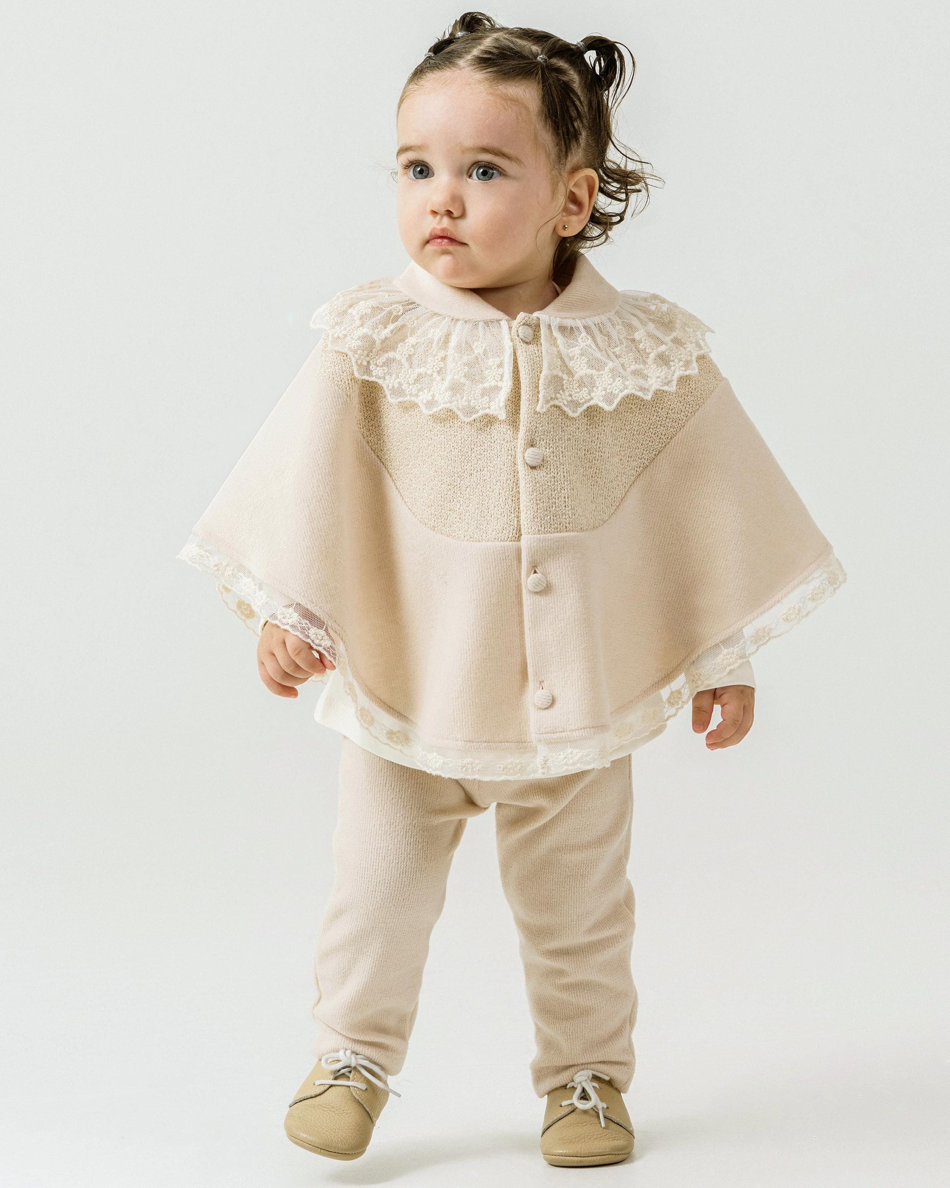 Cream Cotton 3 piece Baby Outfit: Coat, Shirt and Pants Set for Girls