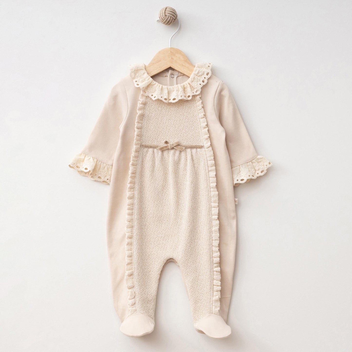 Cream Cotton Baby Girl One Piece Outfit: Cotton Lace Detail Top & Romper Footie