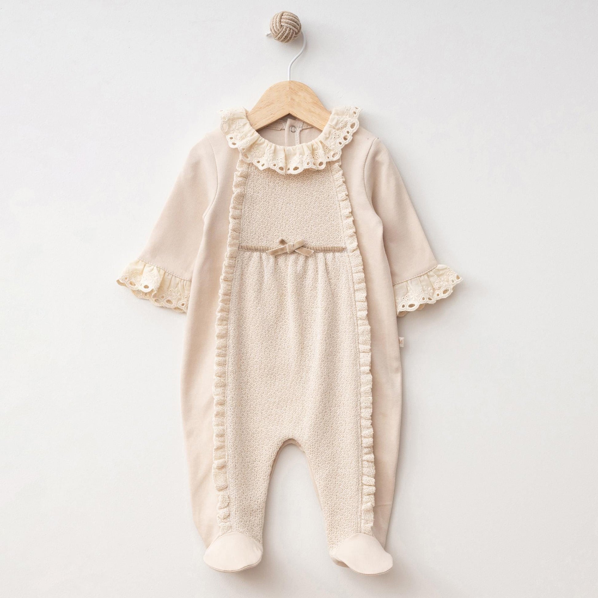 Cream Cotton Baby Girl One Piece Outfit: Cotton Lace Detail Top & Romper Footie