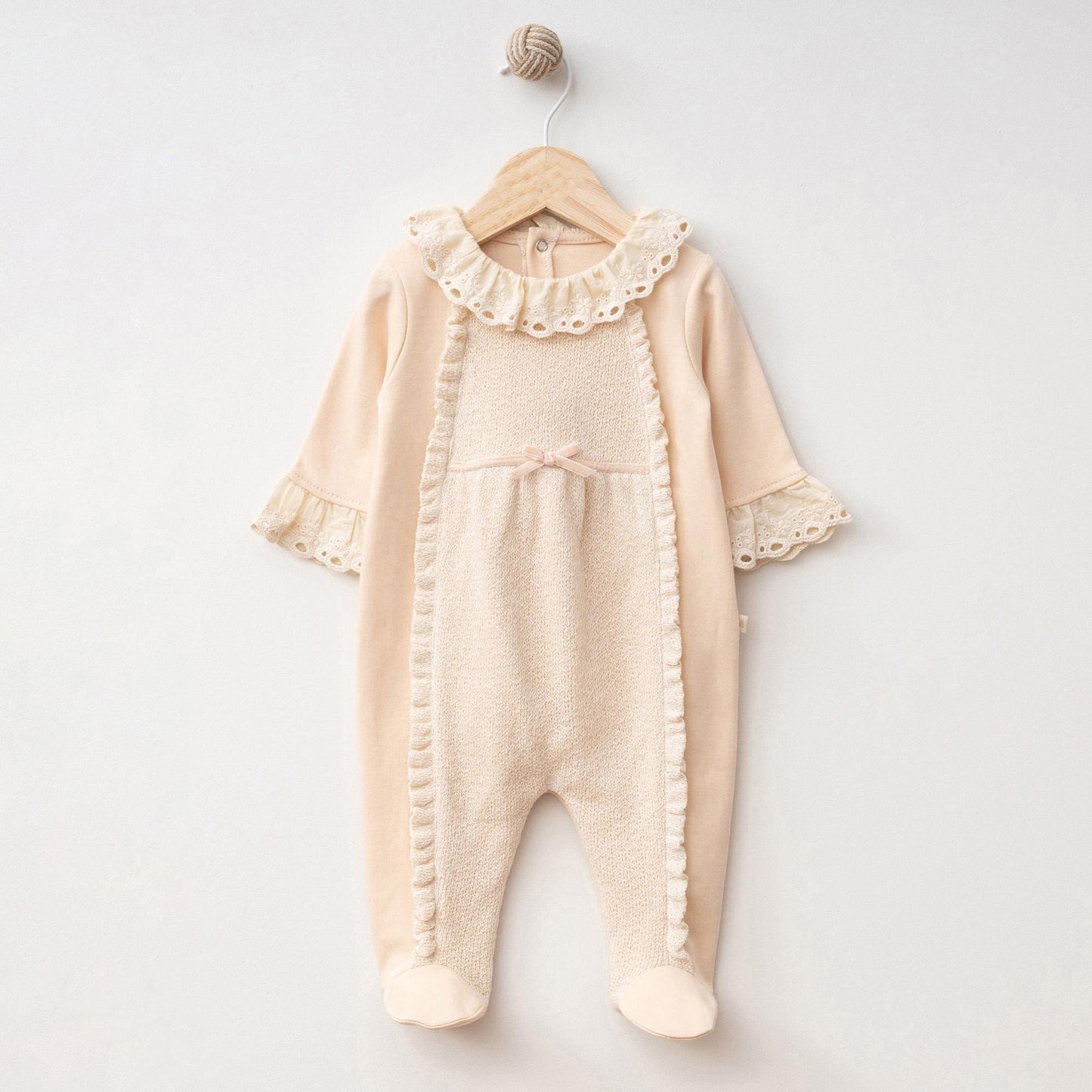 Cream Cotton Baby Girl One Piece Outfit: Cotton Lace Detail Top & Romper Footie