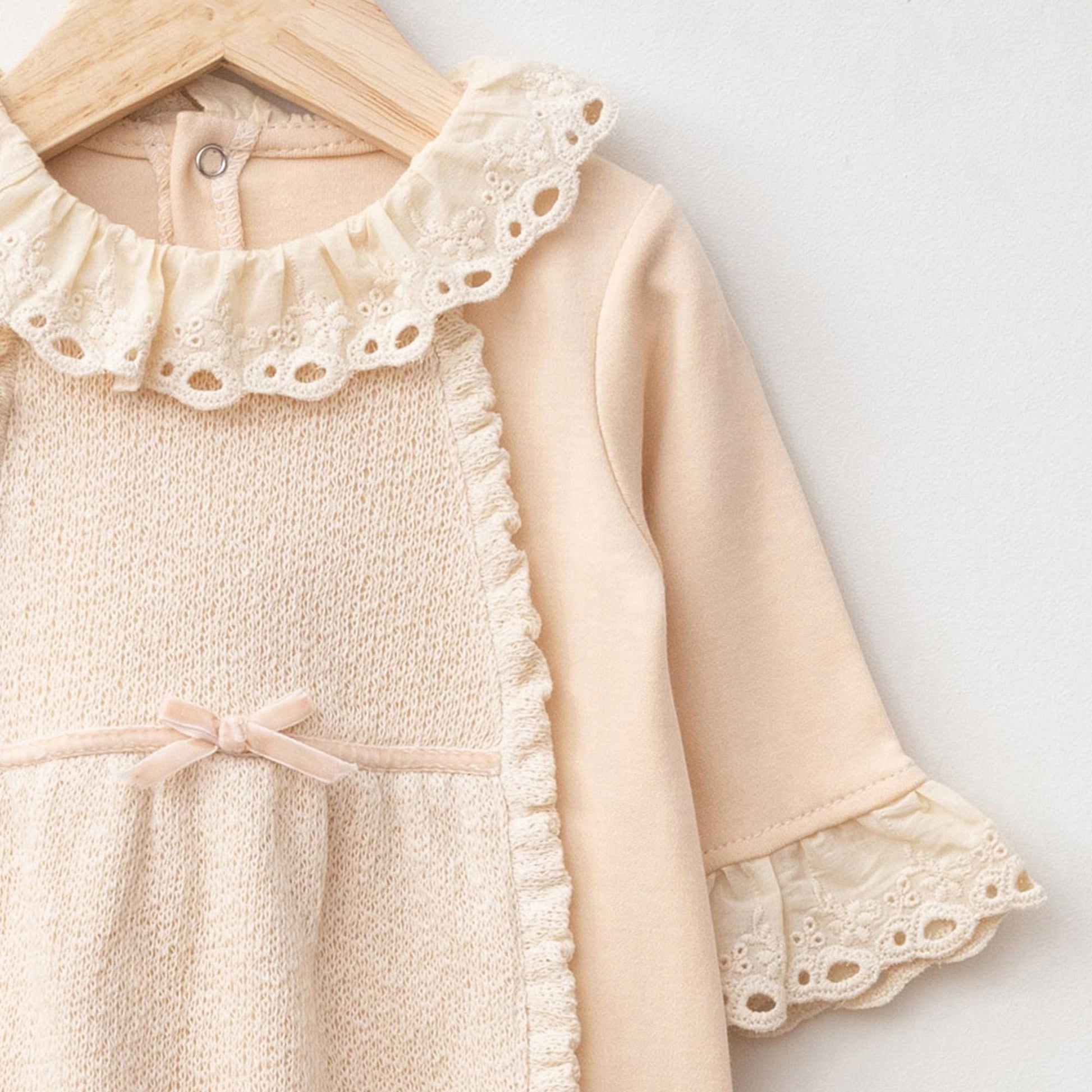 Cream Cotton Baby Girl One Piece Outfit: Cotton Lace Detail Top & Romper Footie