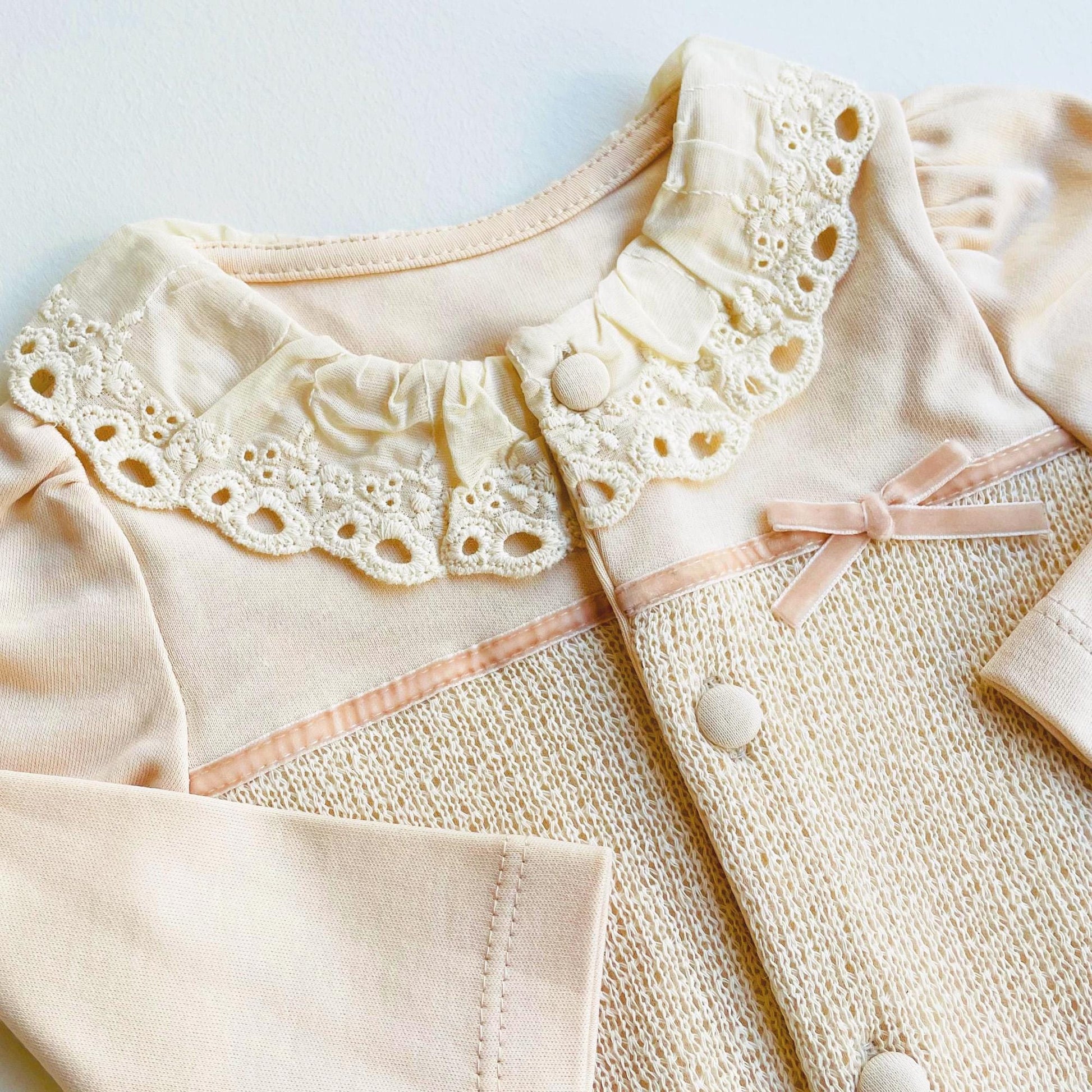 Cream Cotton Baby Girl One Piece Outfit: Cotton Lace Detail Button Down Romper Footie